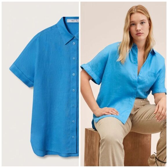 100% Linen Mango Shirt Blue - Picture 1 of 12